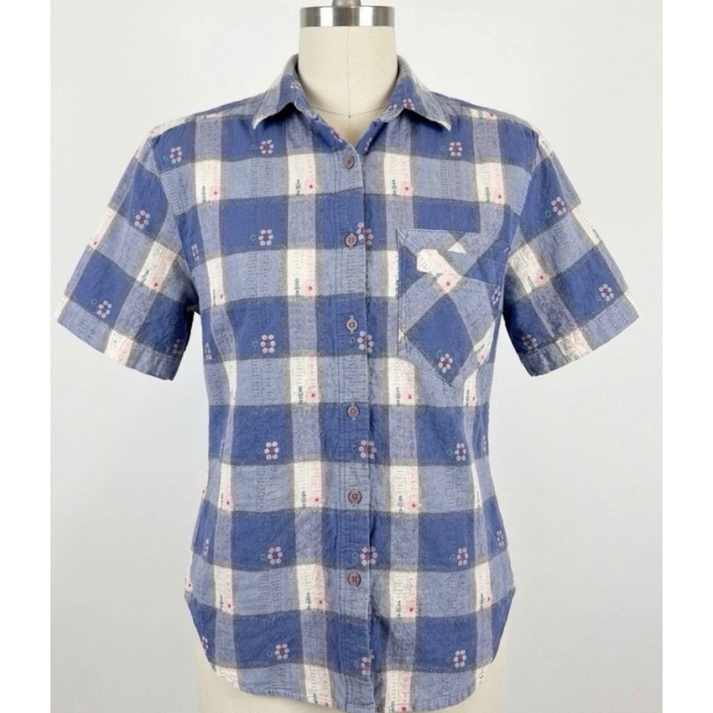 Vtg 90s CM Company Shirt Small Blue Plaid Floral Cottagecore Grunge Grandpacore
